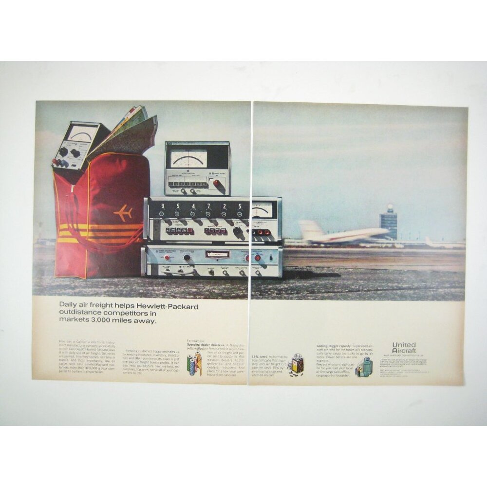 Vintage 1960s Hewlett-Packard United Aircraft Print Ad 2 Pg Jet Airline Tarmack